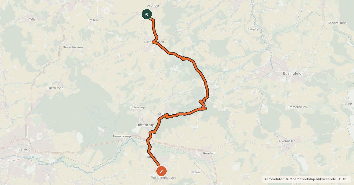 Kartenübersicht der Radroute Fürstenroute Lippe (Ergänzungsroute blau), Abschnitt Asendorf-Dörentrup.