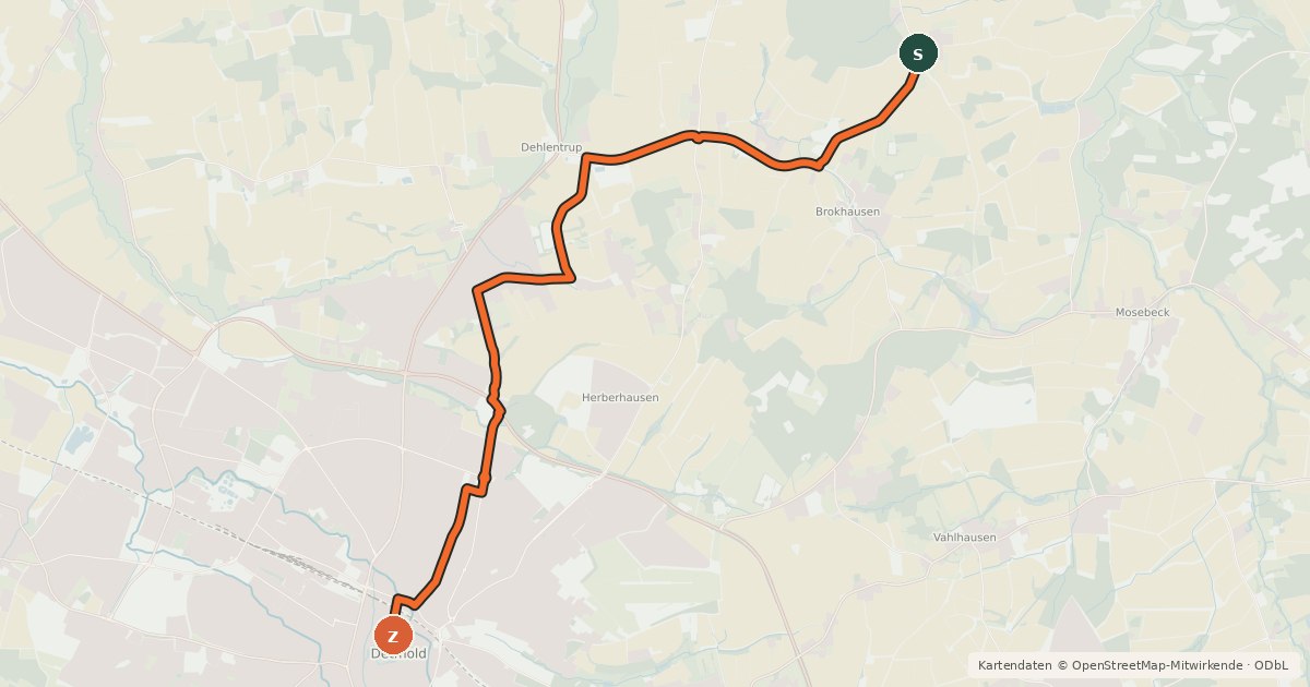 Kartenübersicht der Radroute Fürstenroute Lippe (Ergänzungsroute blau), Abschnitt Barkhausen / Voßheide