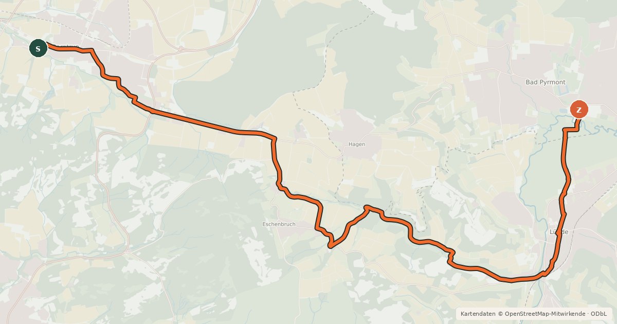 Kartenübersicht der Radroute Fürstenroute Lippe (Ergänzungsroute blau), Abschnitt Barntrup - Bad Pyrmont / Tierpark Eingang