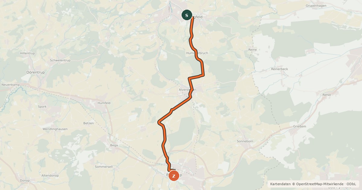 Kartenübersicht der Radroute Fürstenroute Lippe (Ergänzungsroute blau), Abschnitt Bösingfeld-Barntrup.