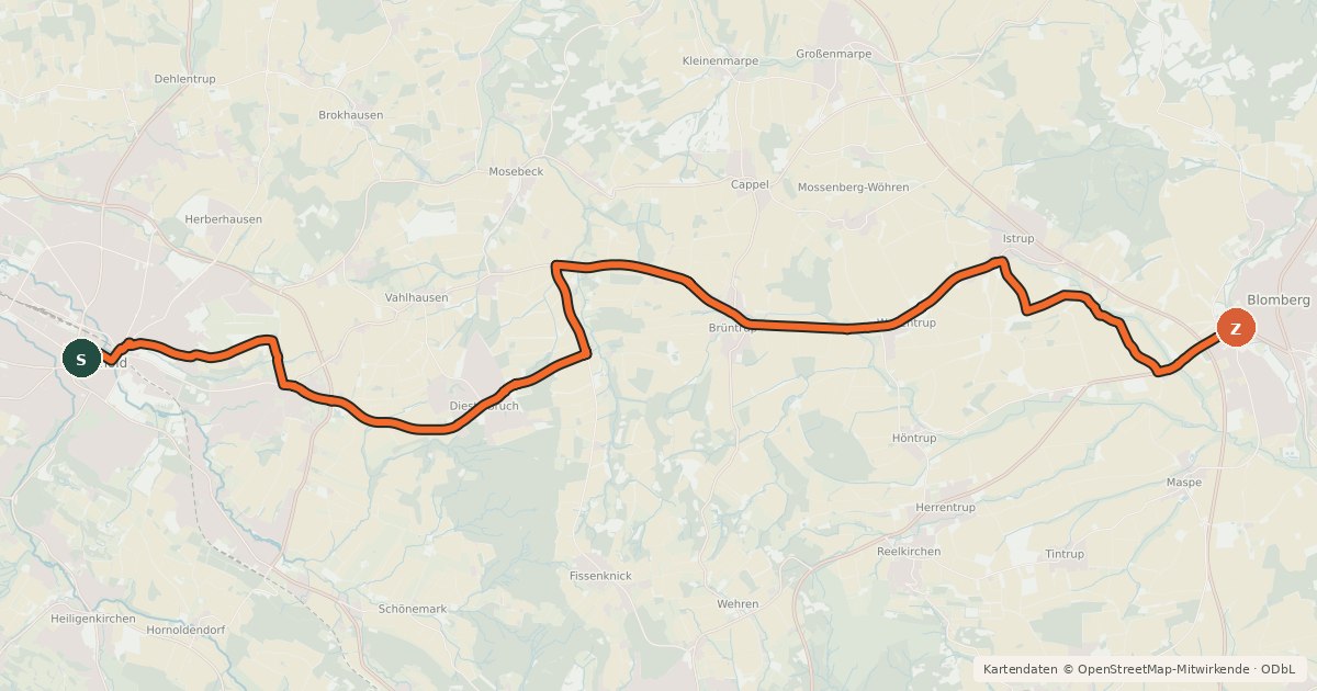 Kartenübersicht der Radroute Fürstenroute Lippe (Ergänzungsroute blau), Abschnitt Detmold / Blomberg
