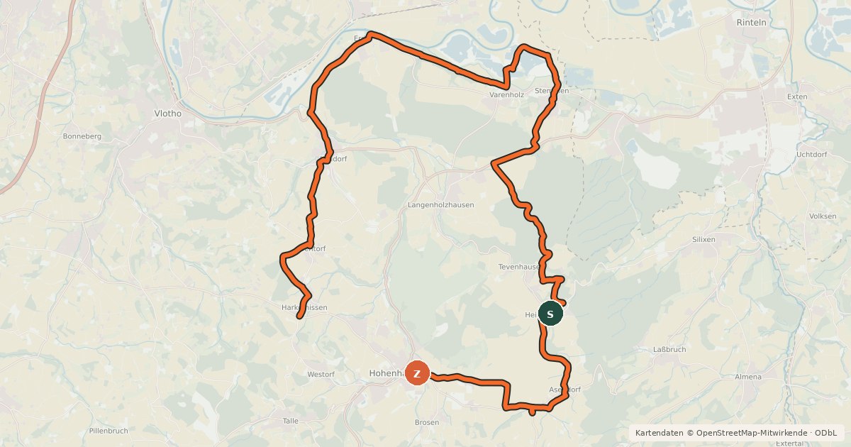 Kartenübersicht der Radroute Fürstenroute Lippe (Ergänzungsroute blau), Abschnitt Harkemissen-Hohenhausen.