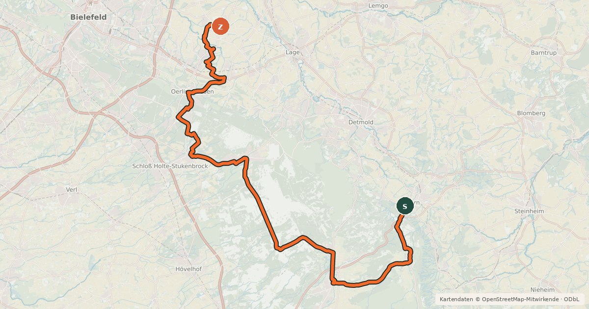 Kartenübersicht der Radroute Fürstenroute Lippe (Ergänzungsroute blau), Abschnitt Horn-Leopoldshöhe.