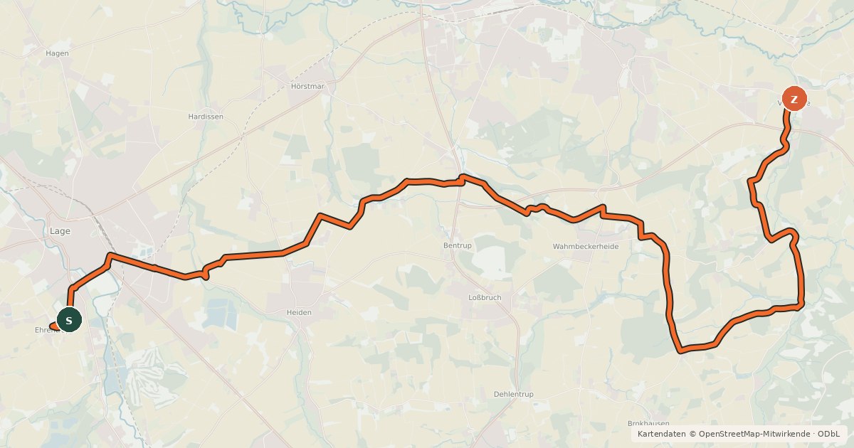 Kartenübersicht der Radroute Fürstenroute Lippe (Ergänzungsroute blau), Abschnitt Lage - Ehrentrup / Voßheide