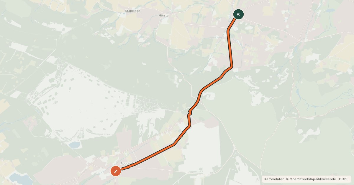 Kartenübersicht der Radroute Fürstenroute Lippe (Ergänzungsroute blau), Abschnitt Pivitsheide-Augustdorf.