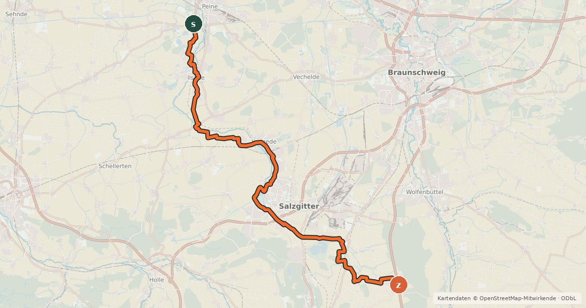 Kartenübersicht der Radroute Fuhse-Radweg