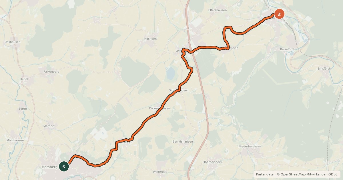 Kartenübersicht der Radroute Fulda-Efze-Weg
