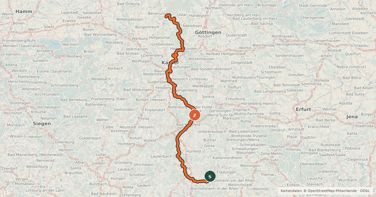 Kartenübersicht der Radroute Fulda-Radweg