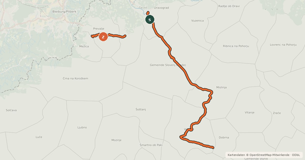 Kartenübersicht der Radroute G14 (Holmec-Dravograd-Slovenj Gradec-Velenje-Celje)