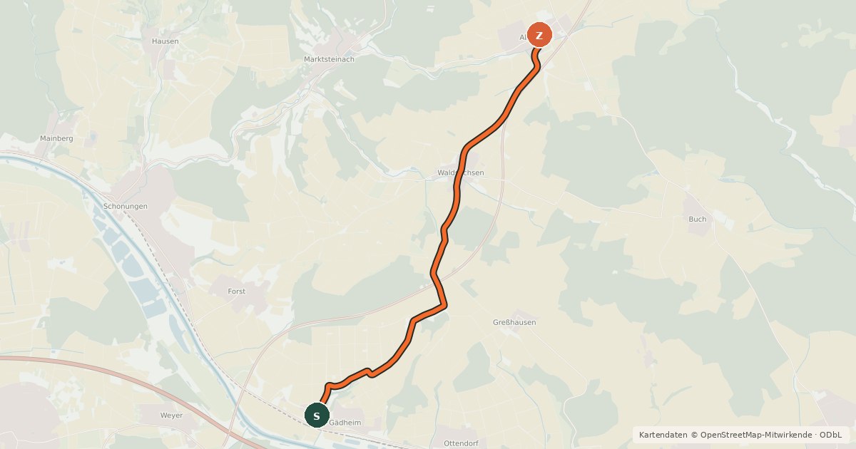 Kartenübersicht der Radroute Gädheim - Abersfeld