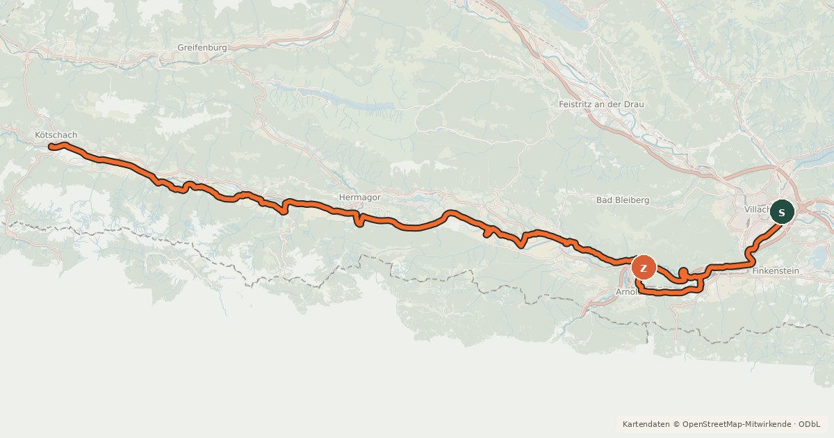 Kartenübersicht der Radroute Gailtal Radweg