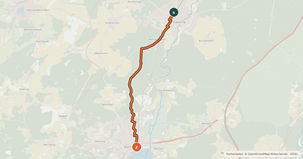Kartenübersicht der Radroute Gauting - Königswiesen - Starnberg