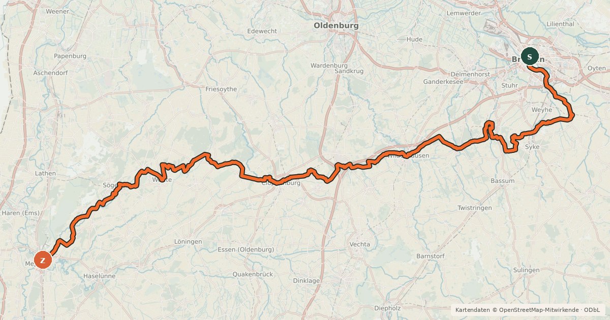 Kartenübersicht der Radroute Geestweg
