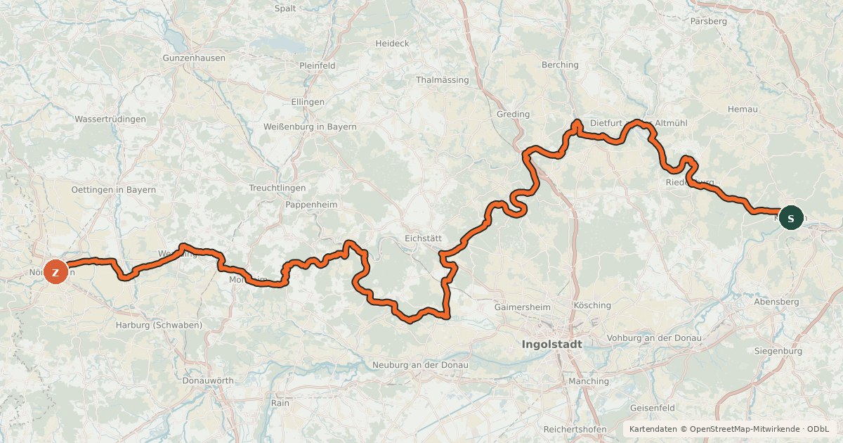 Kartenübersicht der Radroute GeoRadweg Altmühltal Route 2