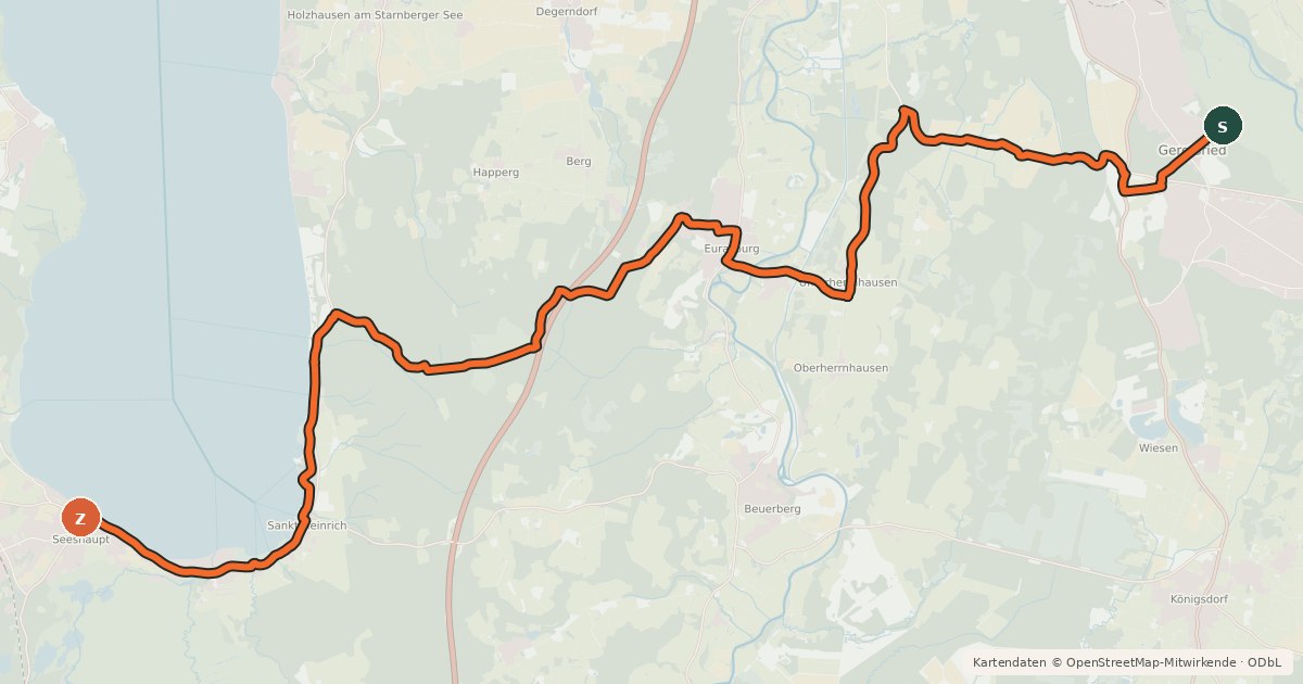 Kartenübersicht der Radroute Geretsried Eurasburg Seeshaupt
