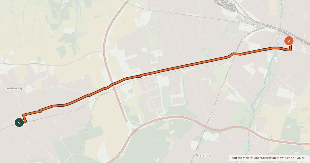 Kartenübersicht der Radroute Germering (S) - Pasing Bahnhof (S)