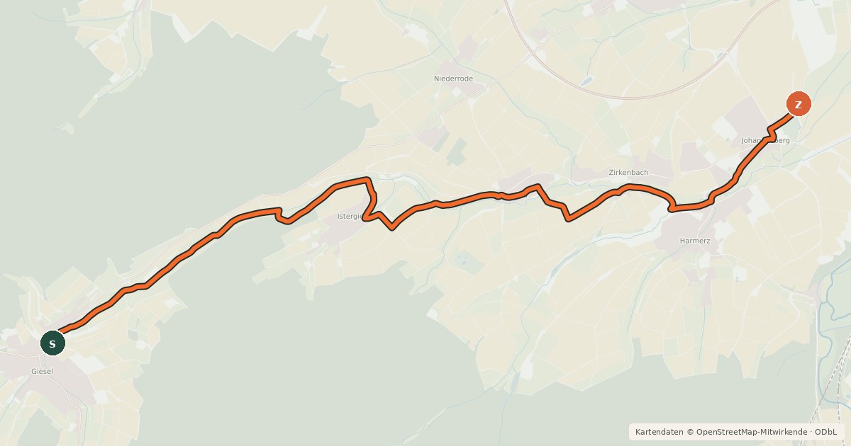 Kartenübersicht der Radroute Gieseltalradweg