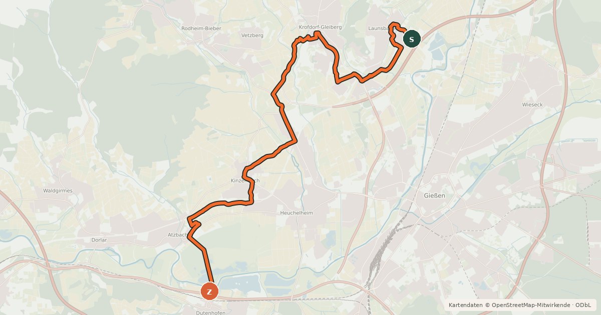 Kartenübersicht der Radroute Gießen Umfahrung
