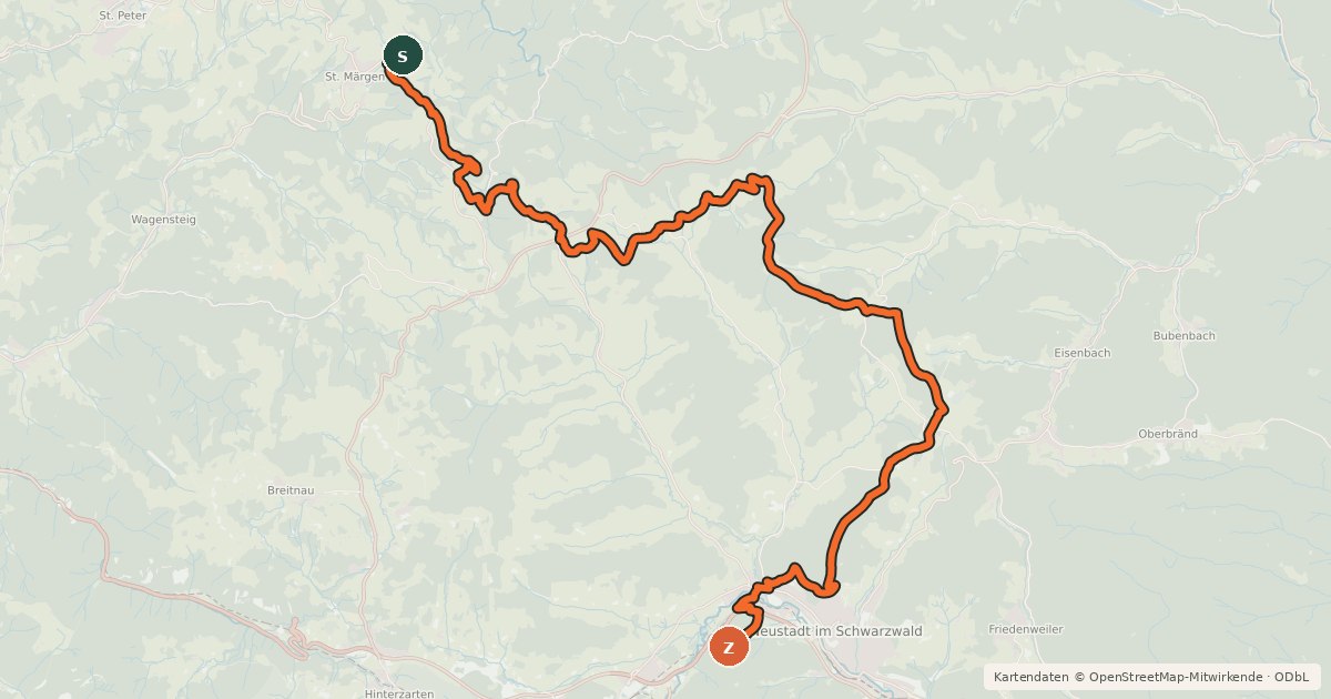 Kartenübersicht der Radroute Gipfeltrail - Zubringer St. Märgen - Waldau - Neustadt