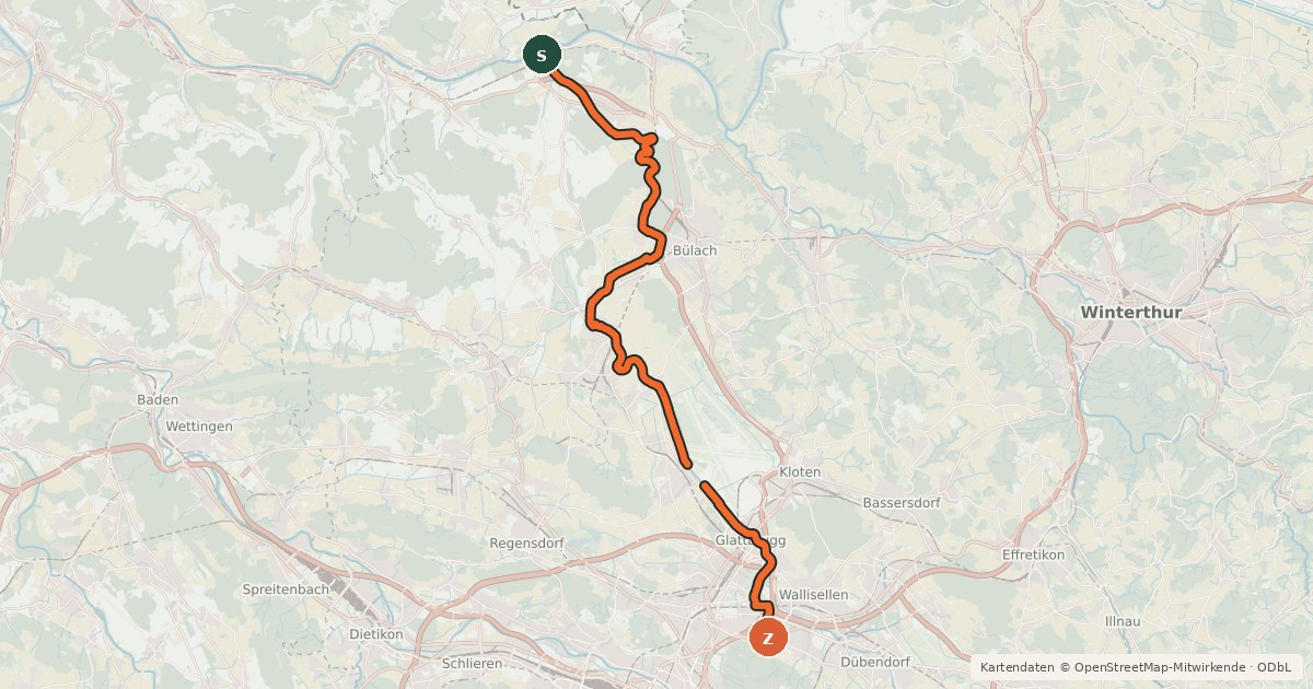 Kartenübersicht der Radroute Glatt-Route