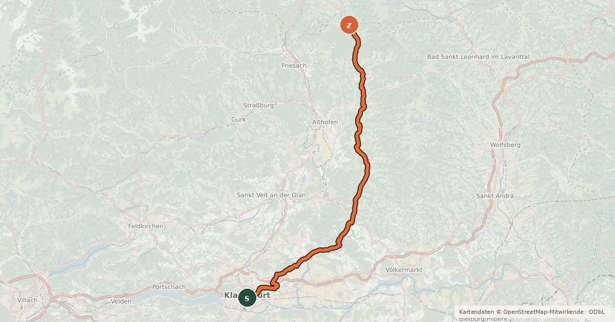 Kartenübersicht der Radroute Görtschitztalweg