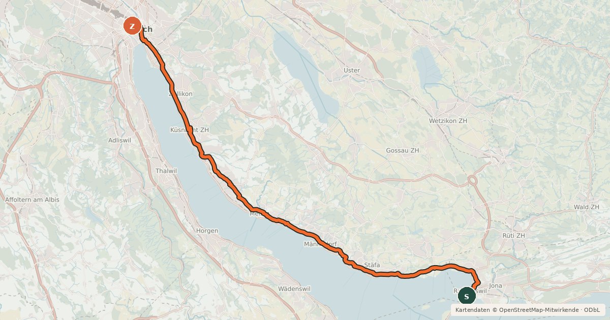 Kartenübersicht der Radroute Goldküste-Limmat