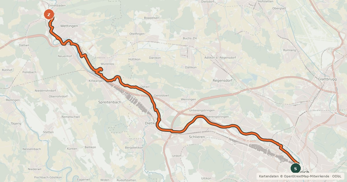 Kartenübersicht der Radroute Goldküste-Limmat