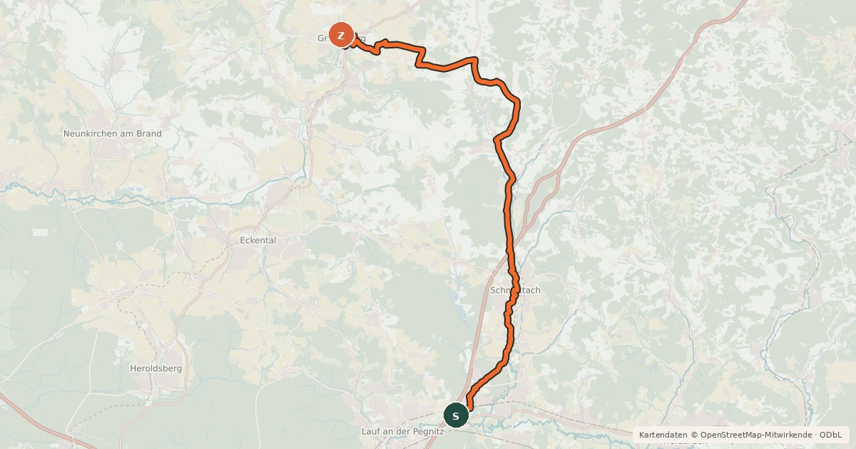 Kartenübersicht der Radroute Gräfenberg Schnaittachtal Radweg