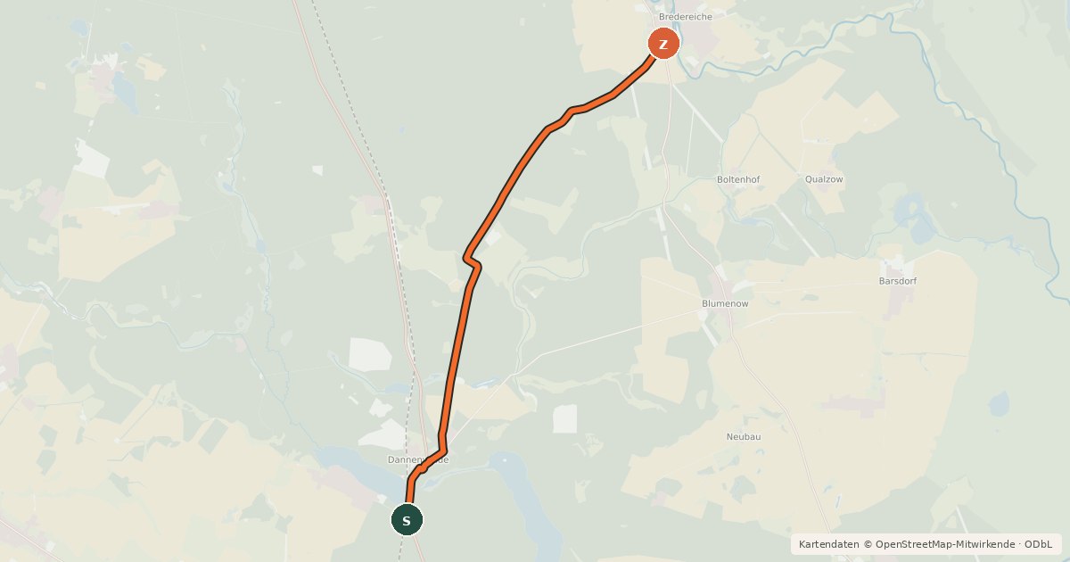 Kartenübersicht der Radroute Gransee (29) - Fürstenberg (55)