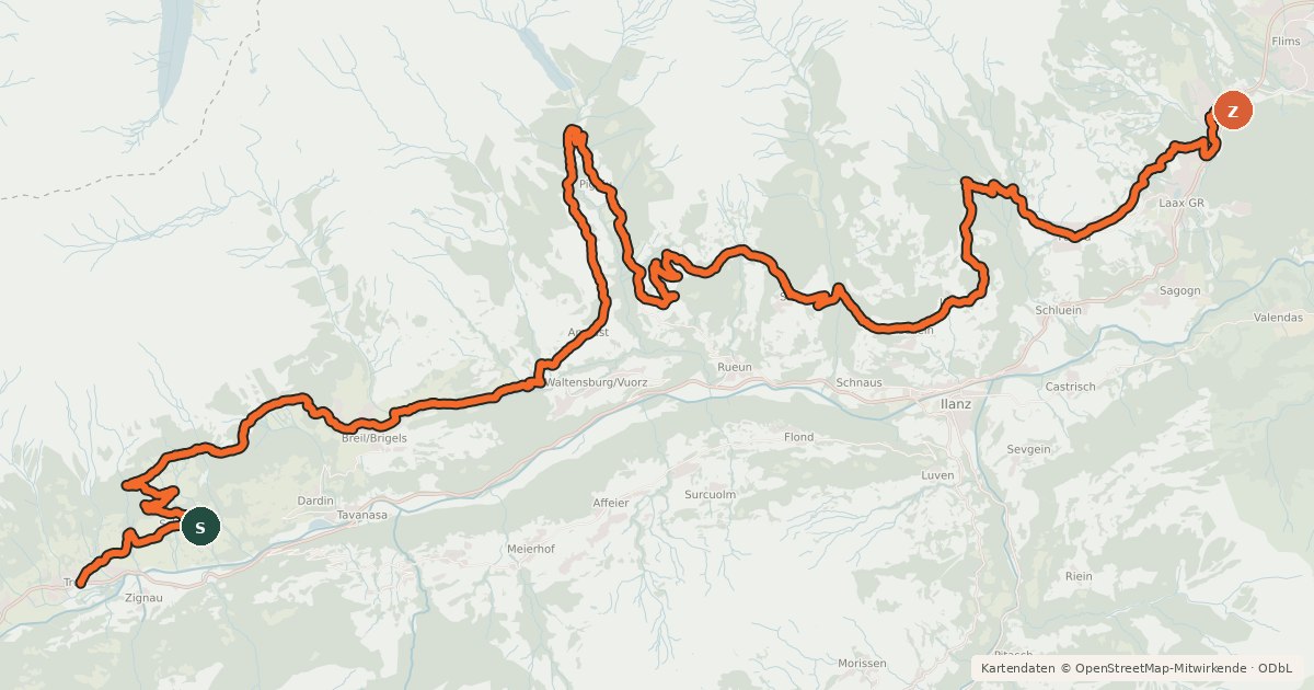 Kartenübersicht der Radroute Graubünden Bike - Etappe 1 (Trun - Laax)