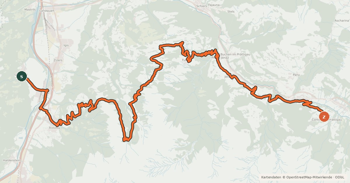 Kartenübersicht der Radroute Graubünden Bike - Etappe 3 (Untervaz–Küblis)