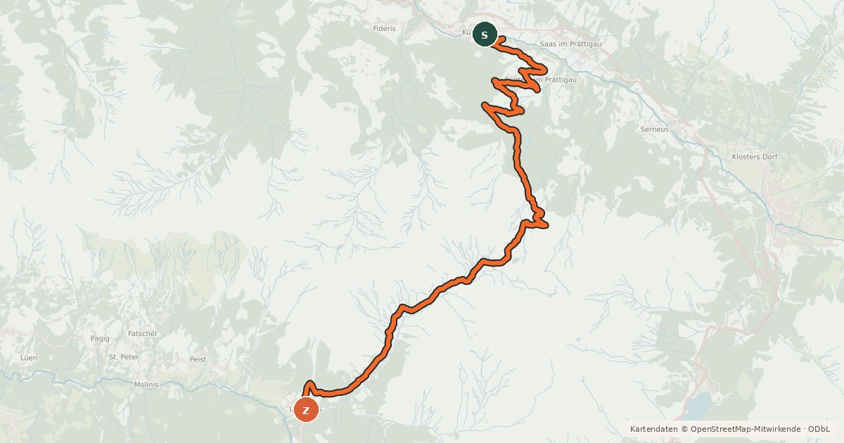 Kartenübersicht der Radroute Graubünden Bike - Etappe 4 (Küblis–Langwies)