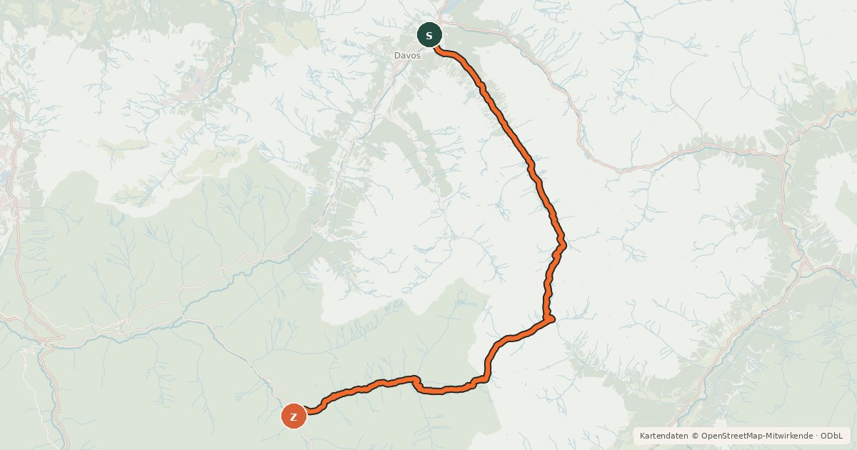 Kartenübersicht der Radroute Graubünden Bike - Etappe 6 (Davos–Bergün)