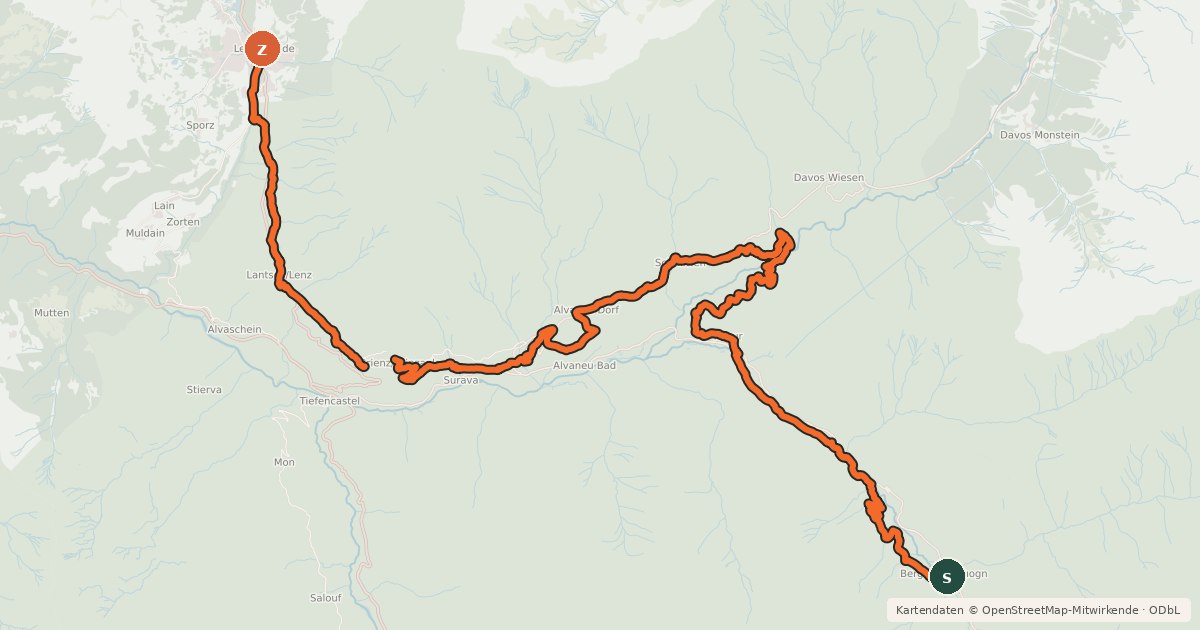 Kartenübersicht der Radroute Graubünden Bike - Etappe 7 (Bergün–Lenzerheide)
