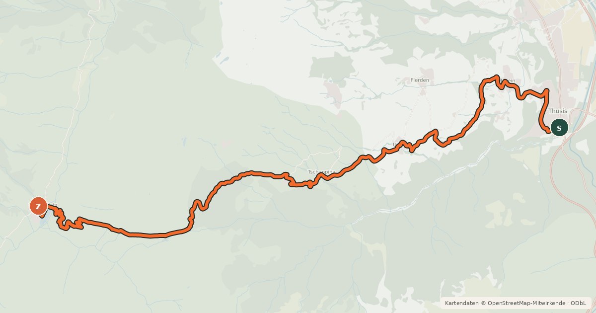 Kartenübersicht der Radroute Graubünden Bike - Etappe 9 (Thusis - Safien Platz)