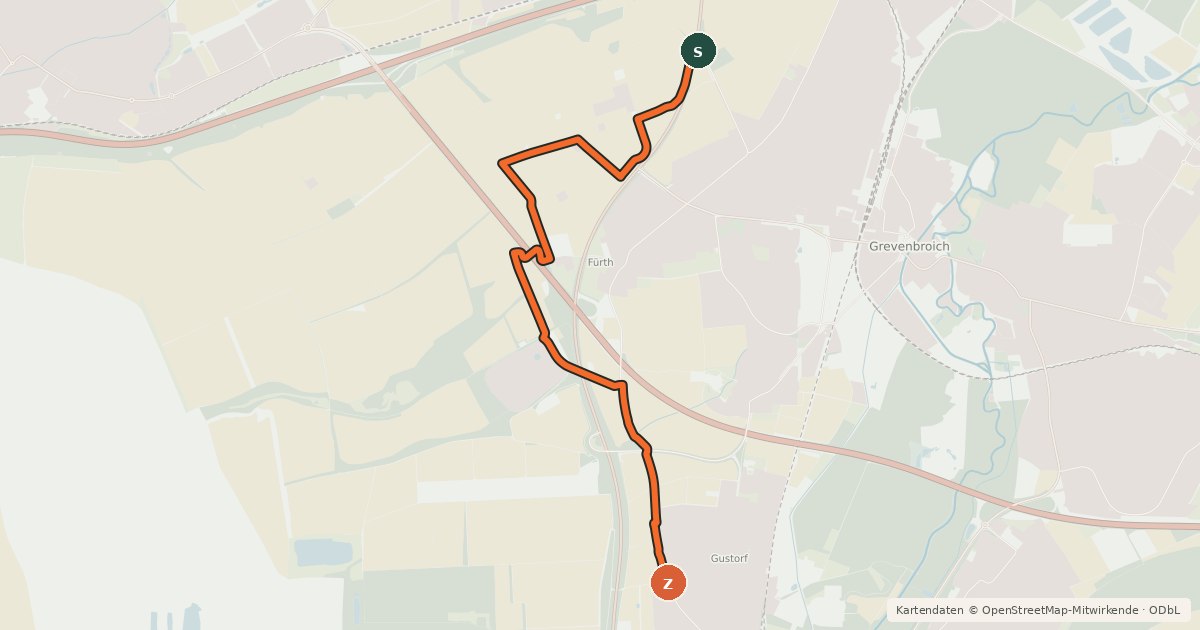 Kartenübersicht der Radroute Grevenbroich (21) - Grevenbroich (24)