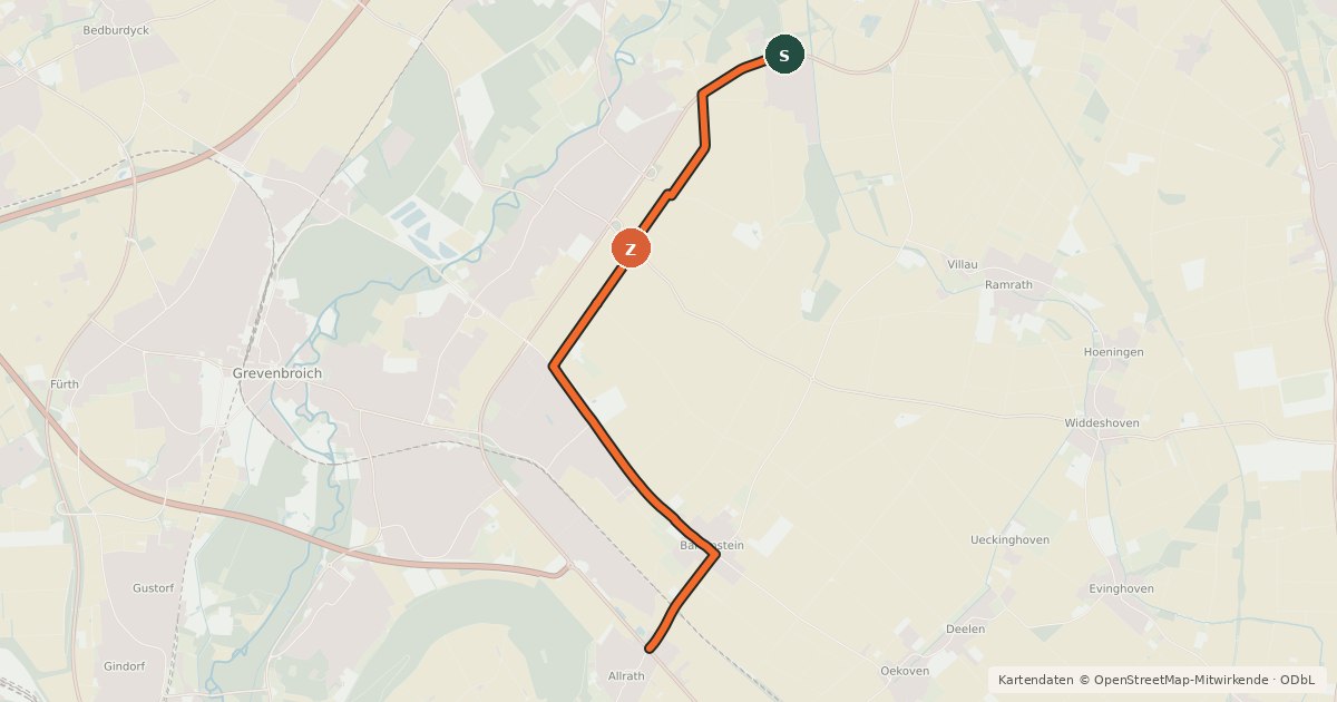 Kartenübersicht der Radroute Grevenbroich (31) - Grevenbroich (68)