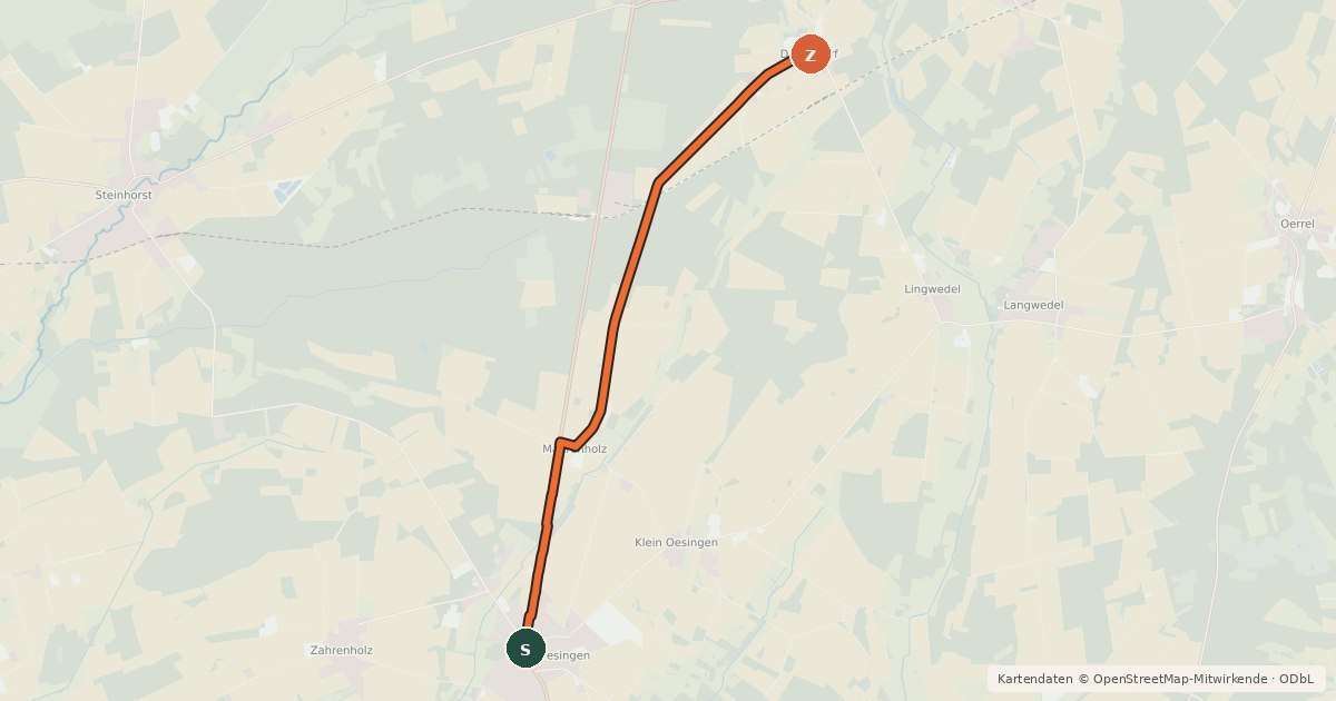 Kartenübersicht der Radroute Groß Oesingen B4 (14) - Dedelstorf (36)