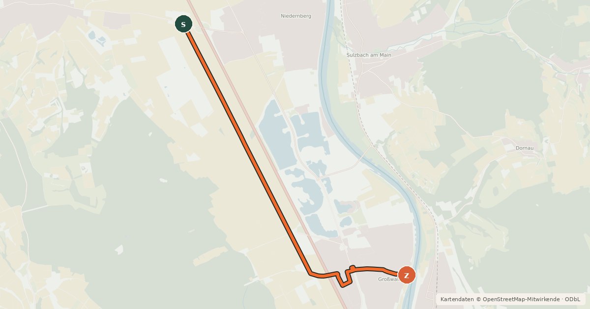 Kartenübersicht der Radroute Großwallstadt-Großostheim