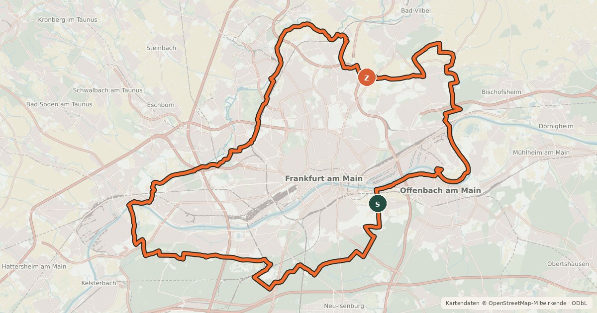 Kartenübersicht der Radroute GrünGürtel-Radrundweg Frankfurt