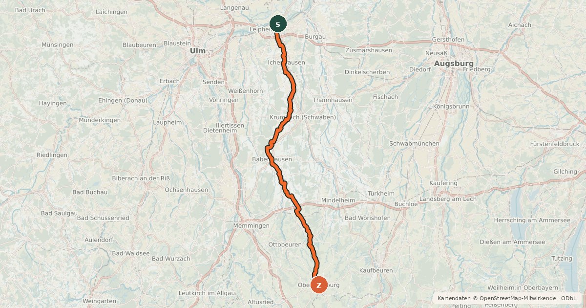 Kartenübersicht der Radroute Günztal-Radweg
