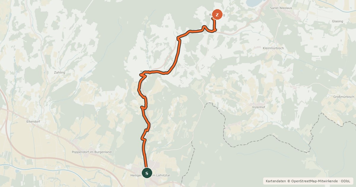 Kartenübersicht der Radroute Güssinger Hügellandradweg