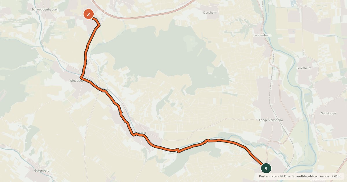 Kartenübersicht der Radroute Guldenbach Radweg