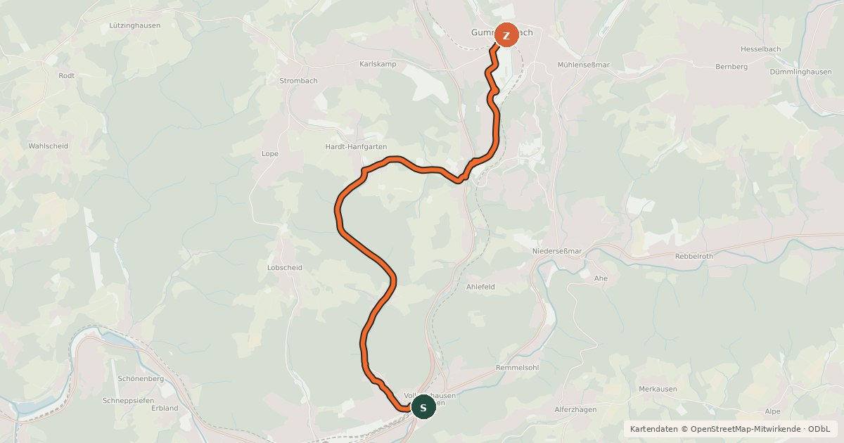 Kartenübersicht der Radroute Gummersbach (41) - Gummersbach (50)