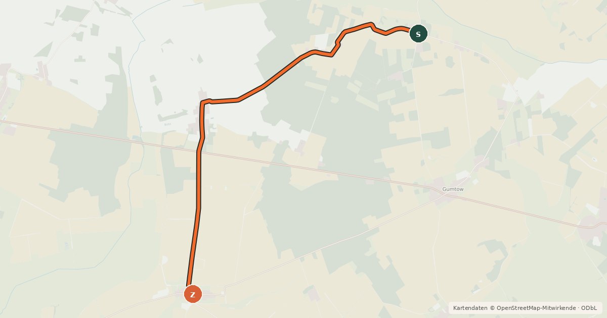Kartenübersicht der Radroute Gumtow (02) - Gumtow (05)