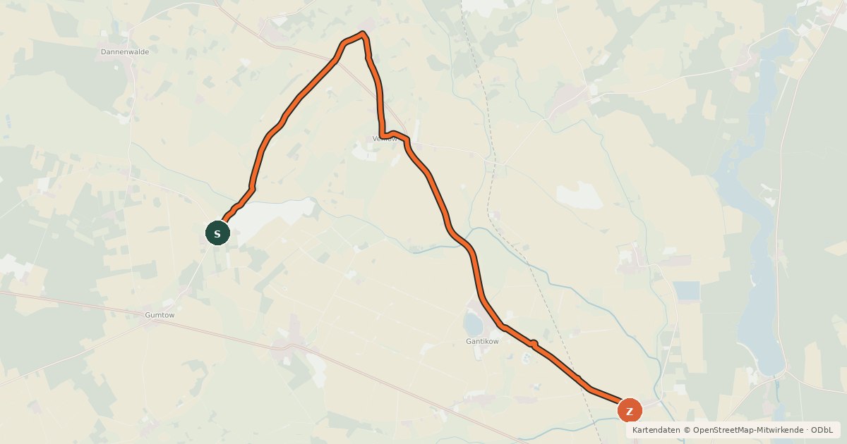Kartenübersicht der Radroute Gumtow (04) - Kyritz (45)