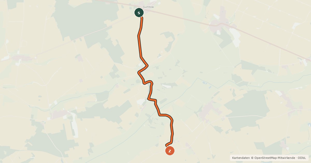 Kartenübersicht der Radroute Gumtow (08) - Gumtow (85)