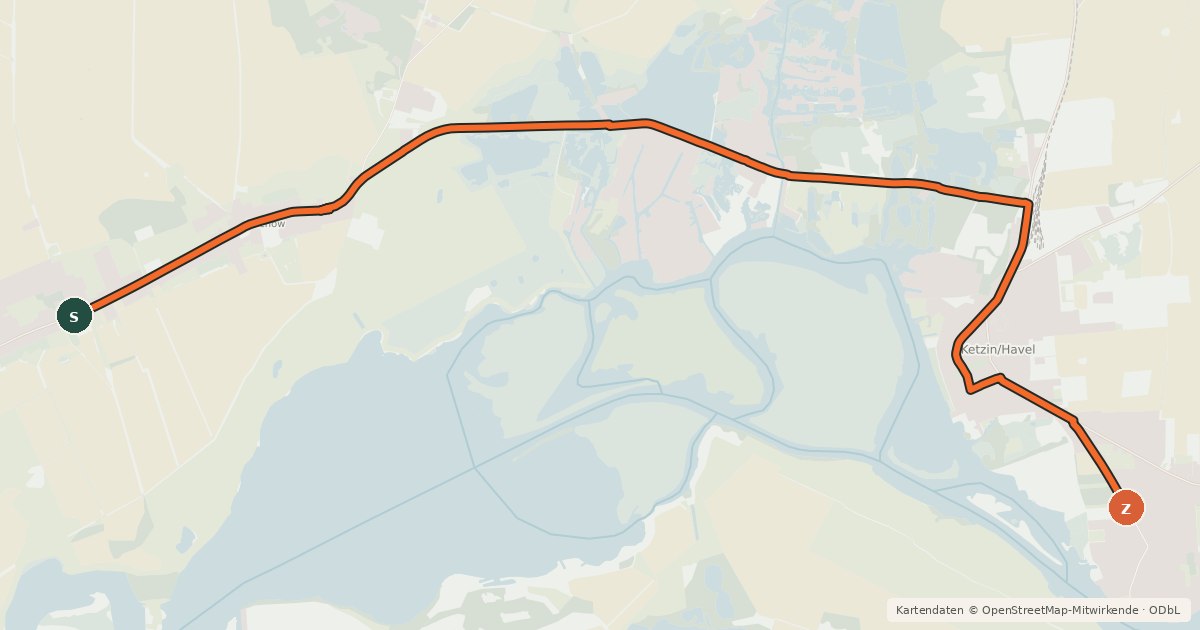 Kartenübersicht der Radroute Gutpaaren (84) - Ketzin (86)