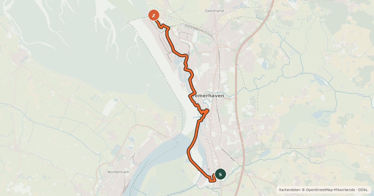 Kartenübersicht der Radroute Hafenroute Bremerhaven