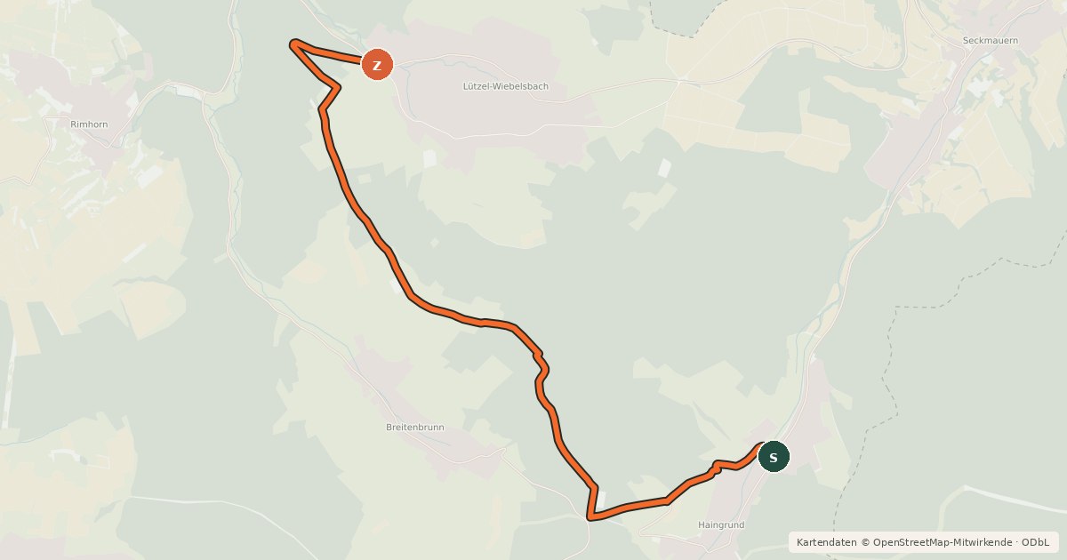 Kartenübersicht der Radroute Haingrund - Lützel-Wiebelsbach/Breitenbrunn